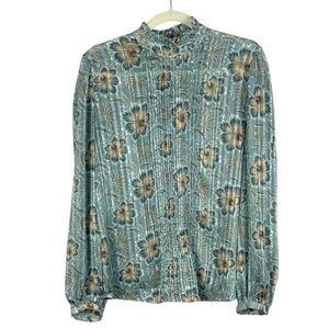 Mango Metallic Floral Pleated Ruffled High Neck Med Blouse - Sage Green & Gold